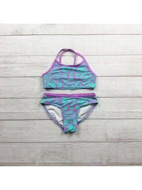 Cat & Jack Tropical Print Two Piece Swimsuit Purple Aqua Girls M 8